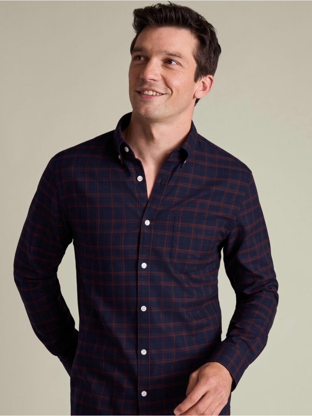 Charles Tyrwhitt | Navy and Brown Plaid Twill Cotton Button-Down | Non Iron
